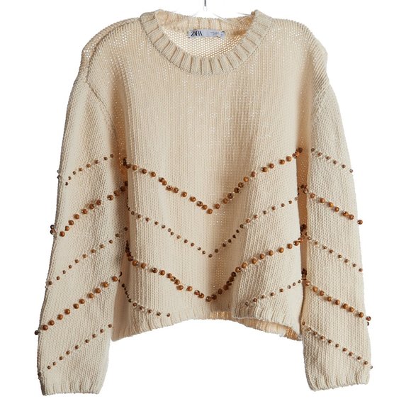 Zara Sweaters - ZARA Beaded Boho Cream Boxy Sweater Small